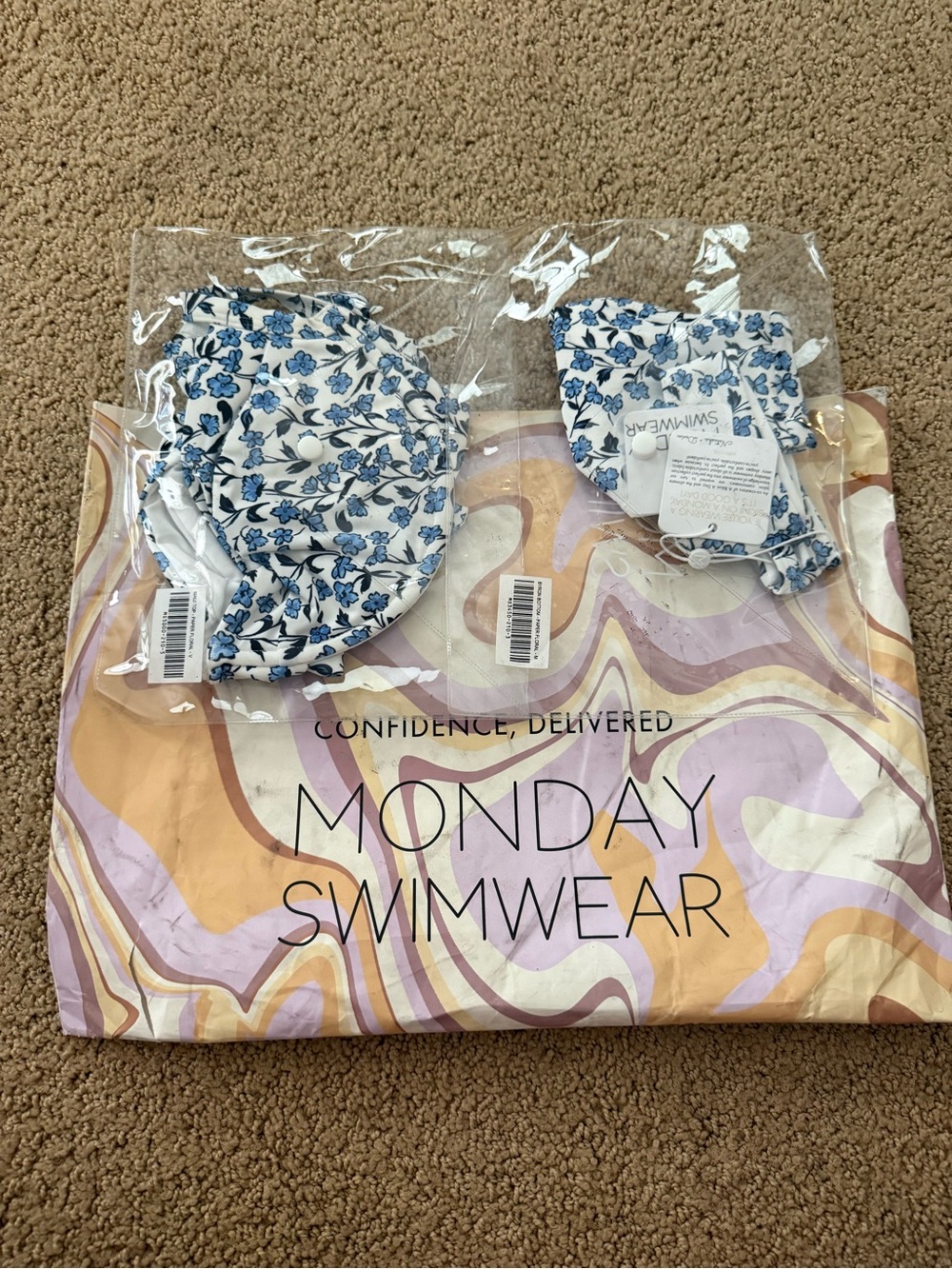 Monday Swimwear White Bikini with Blue Floral Print